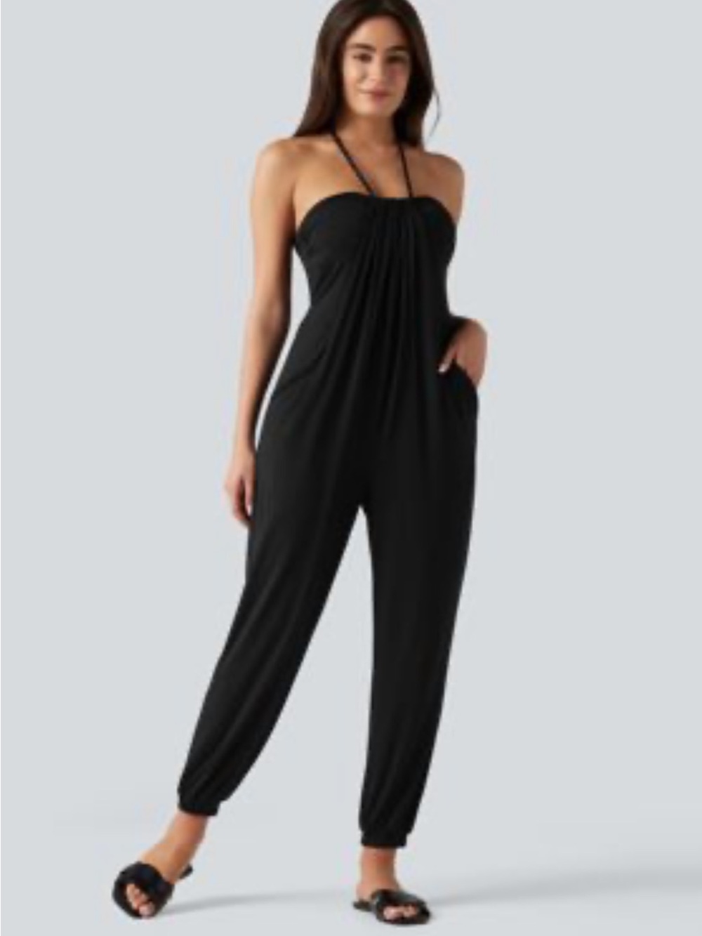 HALARA Black Strapless Jumpsuit with Halter Tie